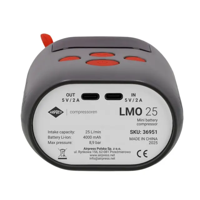 Mini batteridrevet kompressor med powerbank og lommelygte | 8 bar | 25 l/min | 4000 mAh | 5V